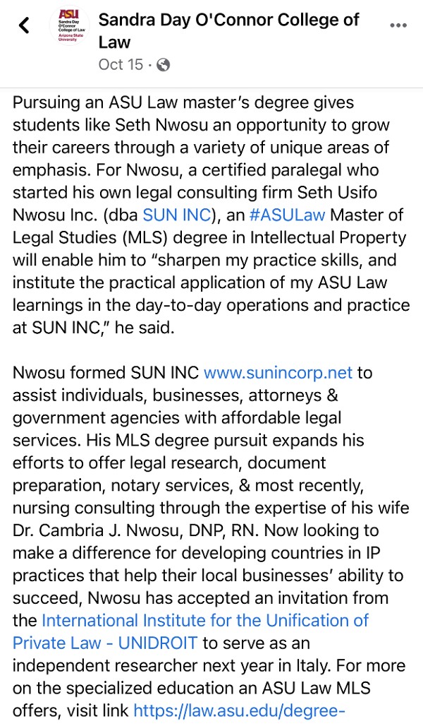 SUN, INC. Featured in ASU Sandra Day O'Conner College of Law Article Featuring Intellectual Property Law Master of Legal Study Candidate As Seen On Facebook