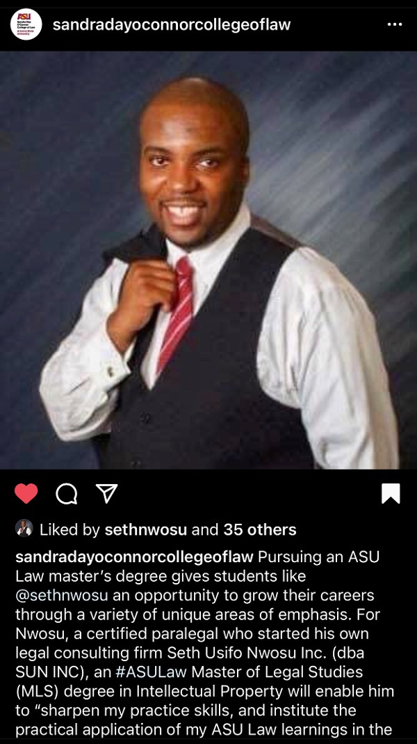 SUN, INC. Featured in ASU Sandra Day O'Conner College of Law Article Featuring Intellectual Property Law Master of Legal Study Candidate As Seen On Instagram