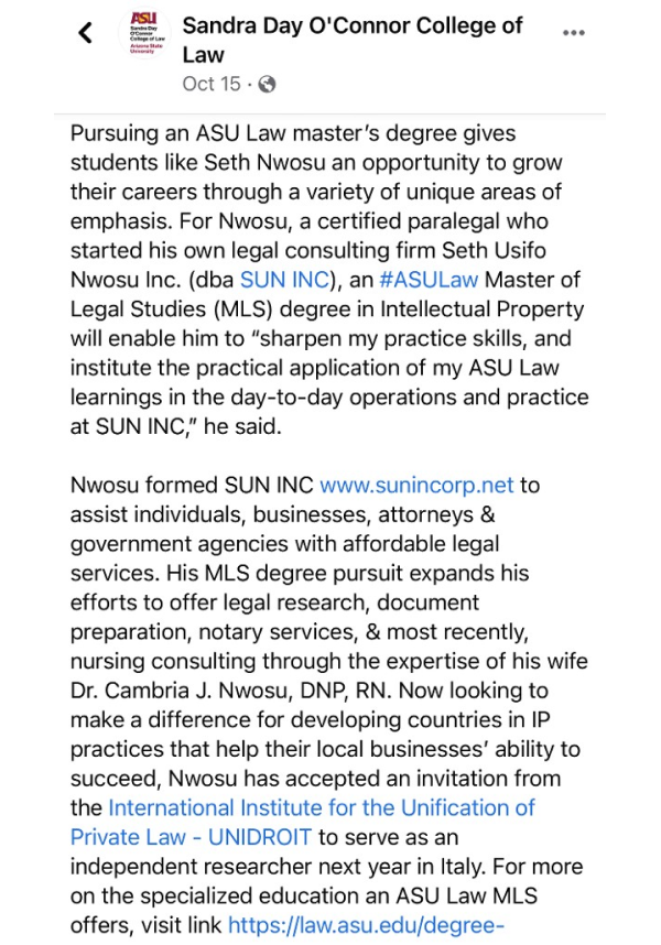 SUN, INC. Featured in ASU Sandra Day O'Conner College of Law Article Facebook