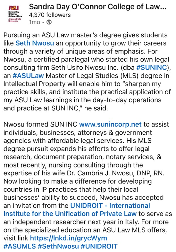 SUN, INC. Featured in ASU Sandra Day O'Conner College of Law Article Linked In
